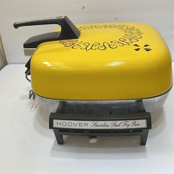 VINTAGE‎ 70s HOOVER STAINLESS STEEL YELLOW FRY PAN WITH BROILER LID - Picture 4 of 16